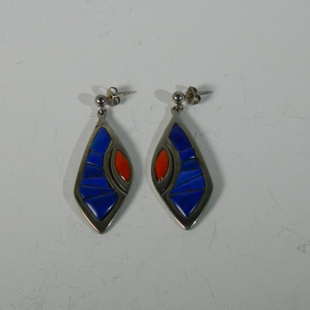Sterling Silver And Lapis + Coral Inlay Earrings … - image 8